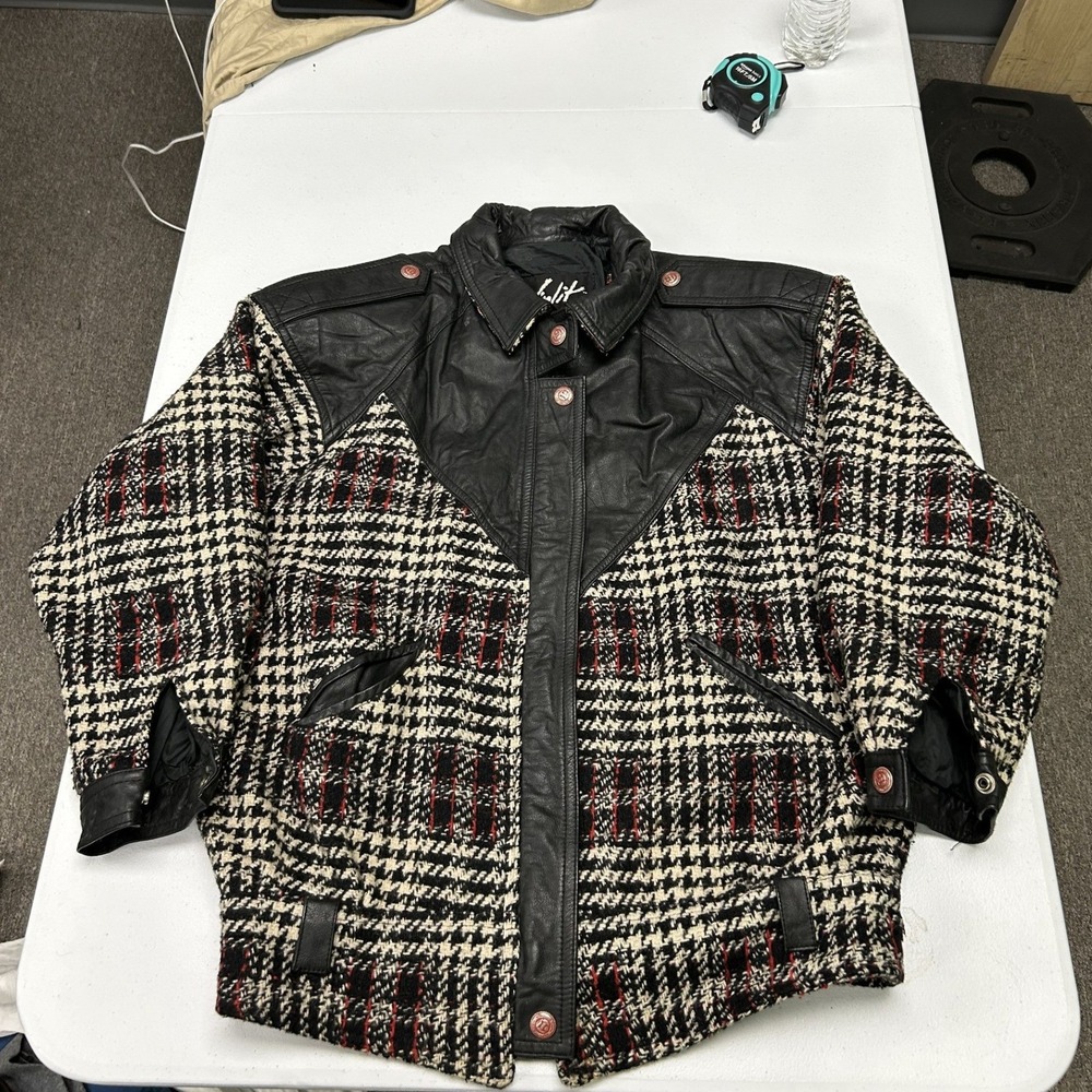 Winit Bomber Jacket Womens S Black White Tweed Leather Houndstooth Western Vtg